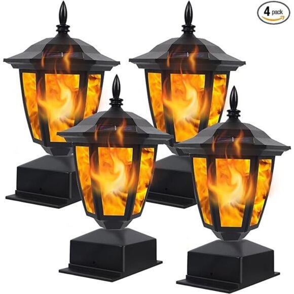 Solar Flame Post Lights Outdoor, Solar Powered Lamps Fence Post Cap Lights - Picture 7 of 7